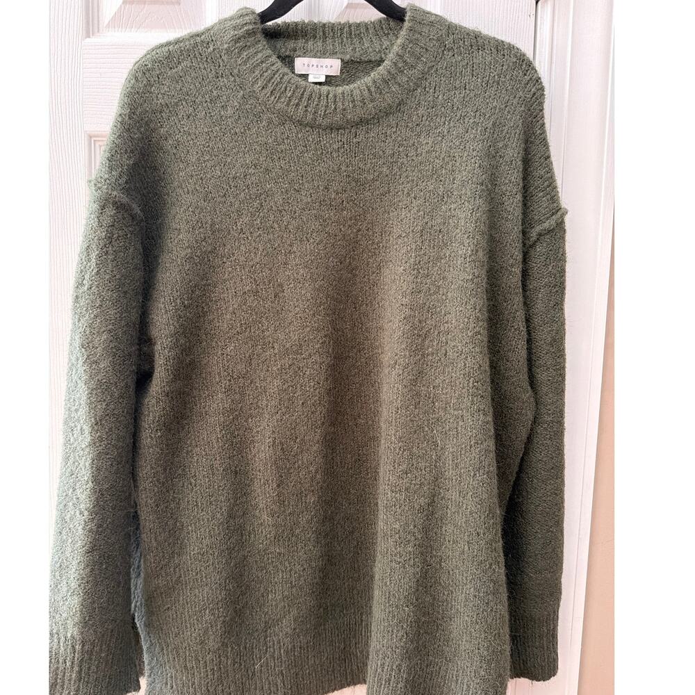Topshop Olive Green Oversized Crewneck Sweater Fuzzy Knit XS